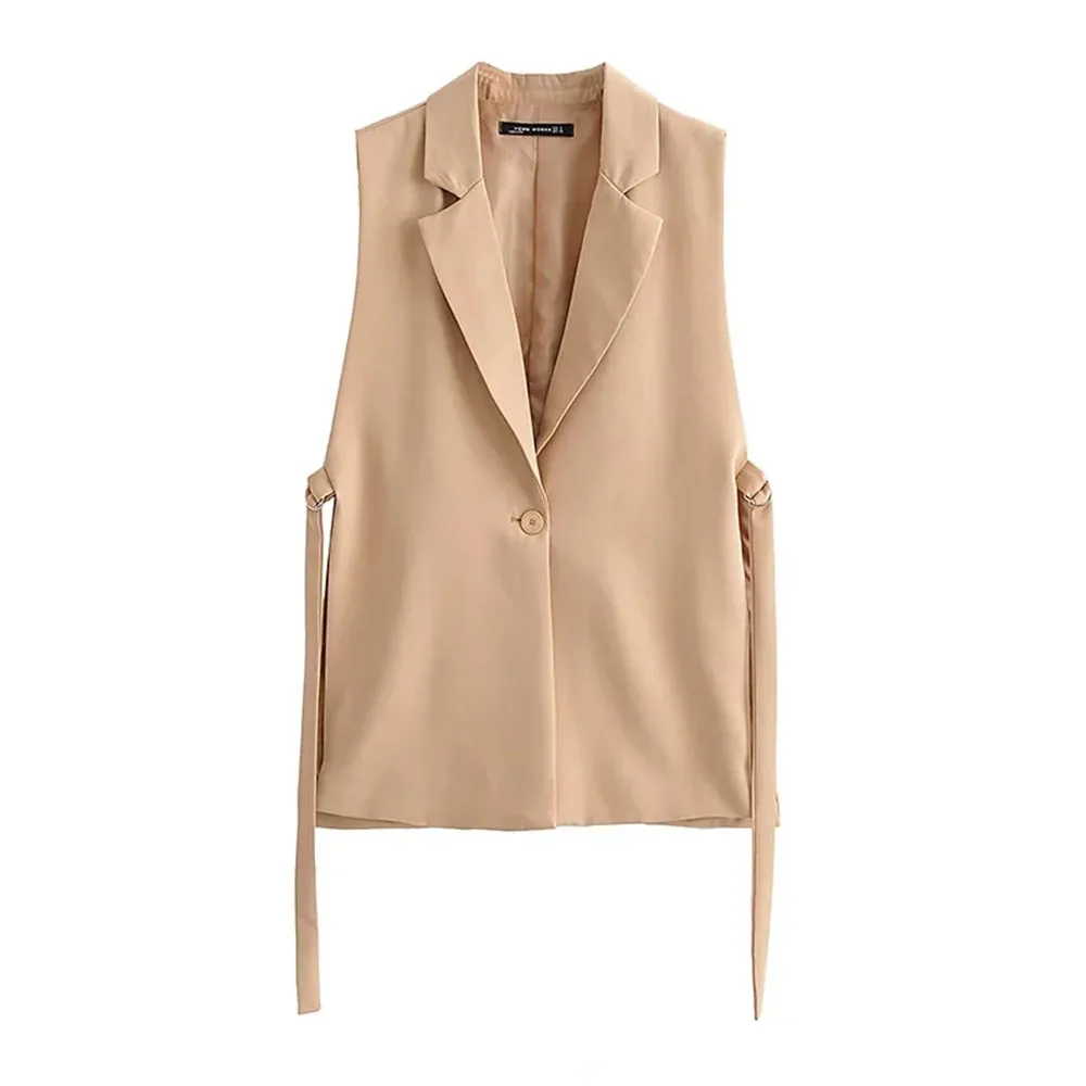 

DYLQFS 2021 Summer Women Casual Khaki Side Slit V Neck One-Button Vest Female Vintage Waistcoat Sleeveless Ladies Chic Top