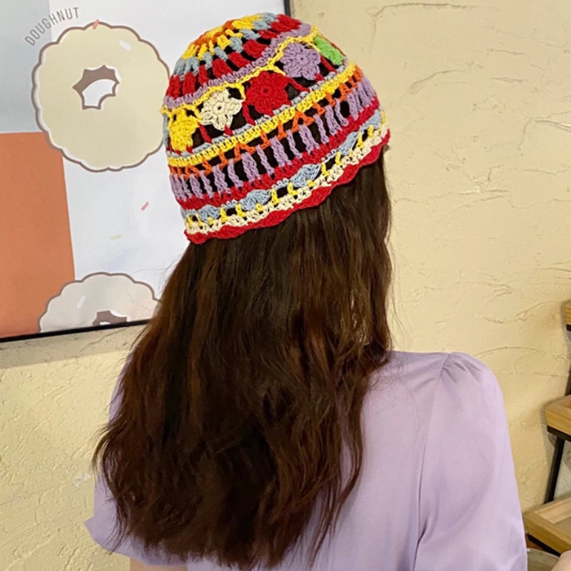 

Beanies Vintage Women Hat Handmade Rainbow Knitted Hat Crochet Skullies Female Beanie Hat