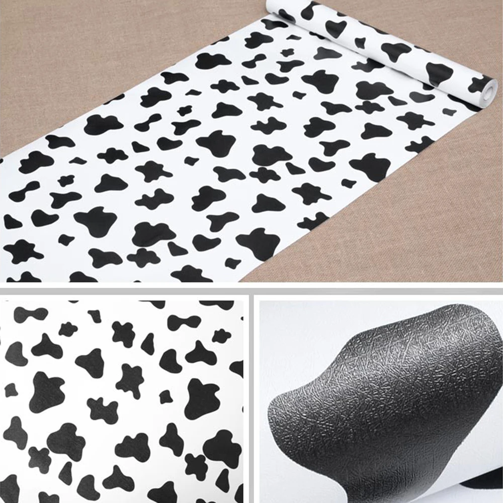 

10M Black and White Wallpaper Roll Self Adhesive Peel and Stick Vinyl Wall Paper Removable Waterproof Shelf Liner Cow Pattern