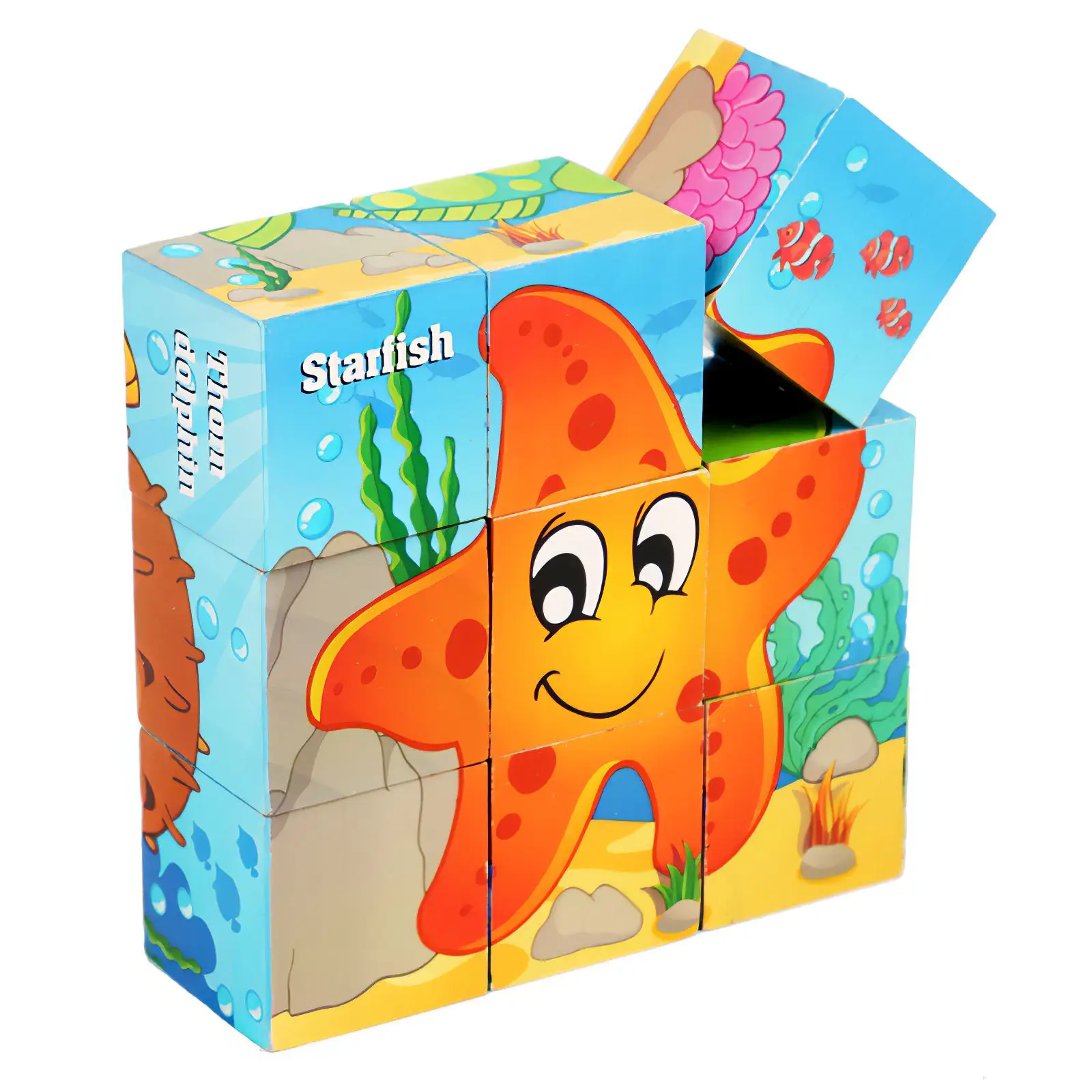 

3D Puzzles For Kids Wooden Toys Fun Cartoon Animal Pattern Early Educational Toys Six-Sided Drawing Puzzle Montessori Toys