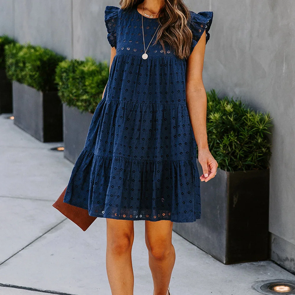 

Western Style Ladies Dress Casual Fashion Loose Simple Designer Thin Solid Color Hollow Out Sexy Lotus Sleeve Round Neck