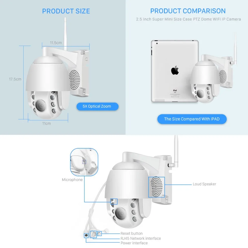 

BESDER Mini Outdoor PTZ 5X Optical Zoom 1080P Wifi Speed Dome Camera IP66 Waterproof Two way Audio 60M Night Vision Wireless P2P