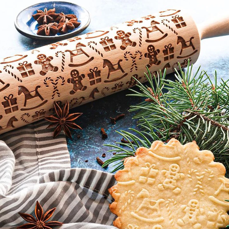 Christmas Rolling Pins Rock Snowflake Elk Wooden Rolling Embossing Baking Cake Decorating Tools Cookies Kitchen Accessories