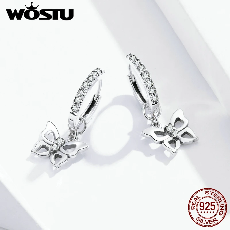 Женские серьги кольца WOSTU элегантные из настоящего серебра 925 пробы с бабочкой