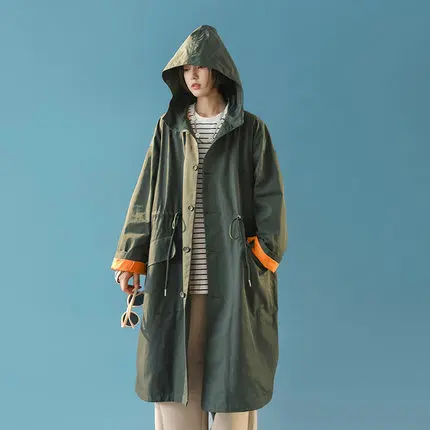 

Повседневная Длинная ветровка, женская одежда, весна-осень 2022, Новый однобортный тренчкот для инструментов, верхняя одежда с капюшоном D1074