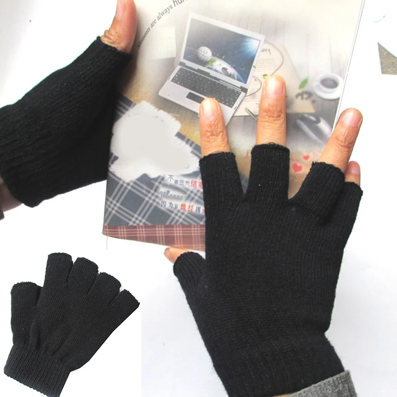 

1 Pairs Winter Glove Fingerless Glove Outdoor Solid Color Elastic Warm Gloves for Men Knitted Mittens Half Finger Cycling Glove