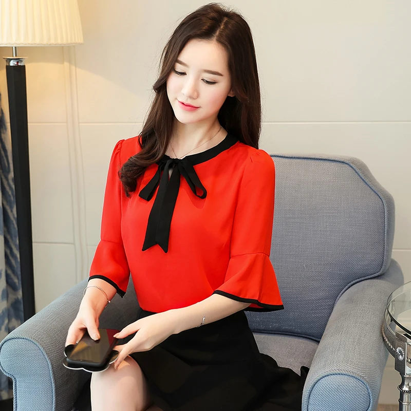 Шифоновая женская блузка рубашка Мода 2019 плюс размер с бантом и круглым вырезом