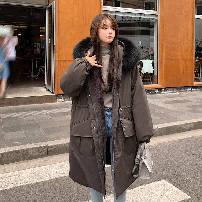 2021 New Winter Women Fur Collar Parkas Jacket Fashion Hooded Thicken Warm Padded Coat Female Cotton Loose Outerwear Jackets