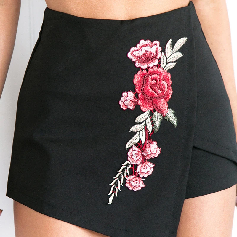 

New Female Black Fashion Street Style Women's Casual Short Skirts High Waist Flowers Embroidery Splice Mini Skirt Floral A-line