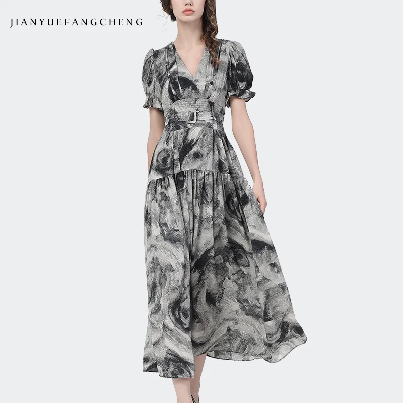 Chiffon Printing Womens Long Dress For Summer Gray Art Pattern V-Neck Short Sleeve Ankle-Length High Waist A-Line Maxi Dresses