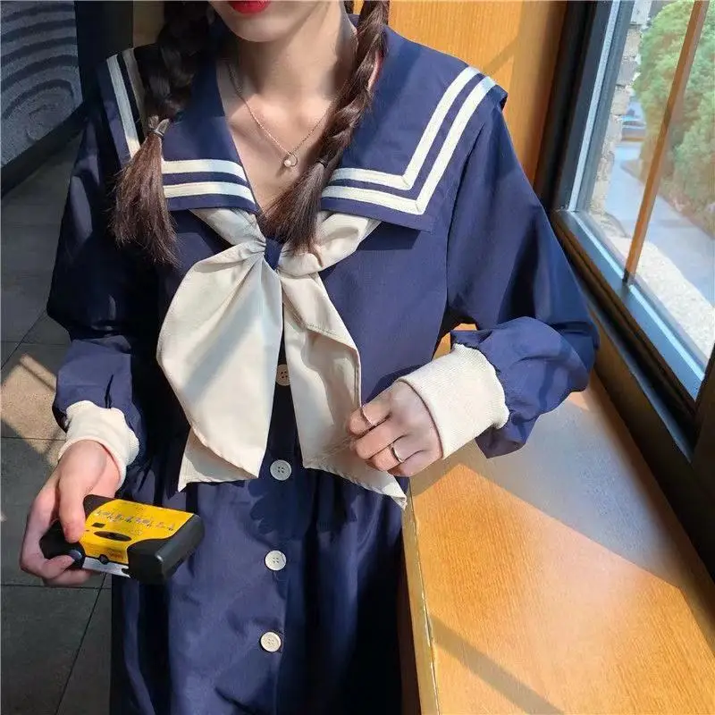 

Womens Dress Loose Japanese Navy Blue Collar Skirt Korean Preppy Style Button Cute Bow Dress 2021 Spring Oversize Woman Dress