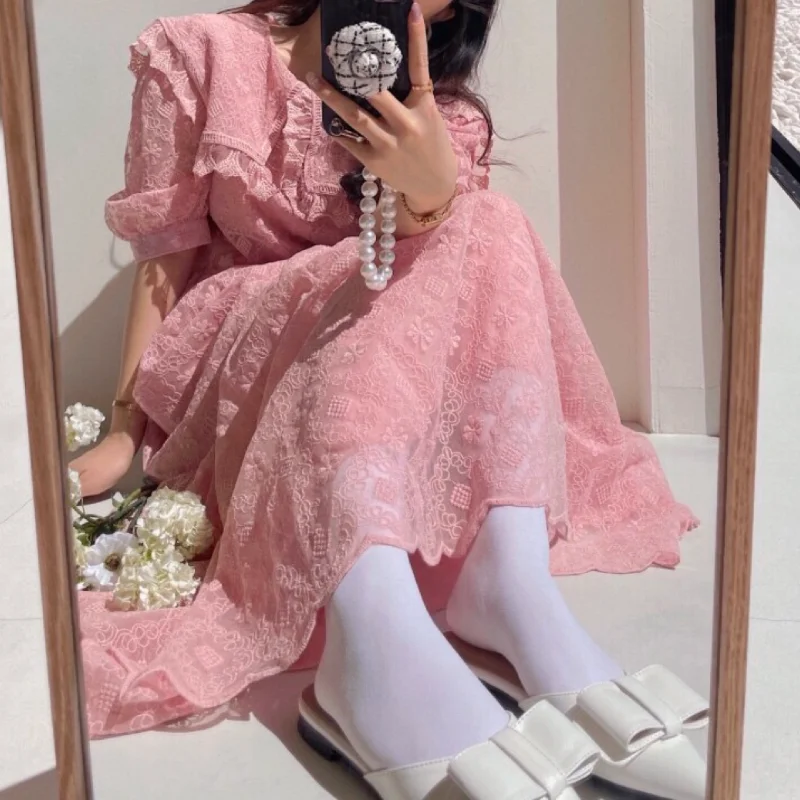 

Women Summer Oversized Short Sleeve Harajuku Sweet Lace Dress Big Turn Down Collar Loose Casual Party Long Cute Dresses