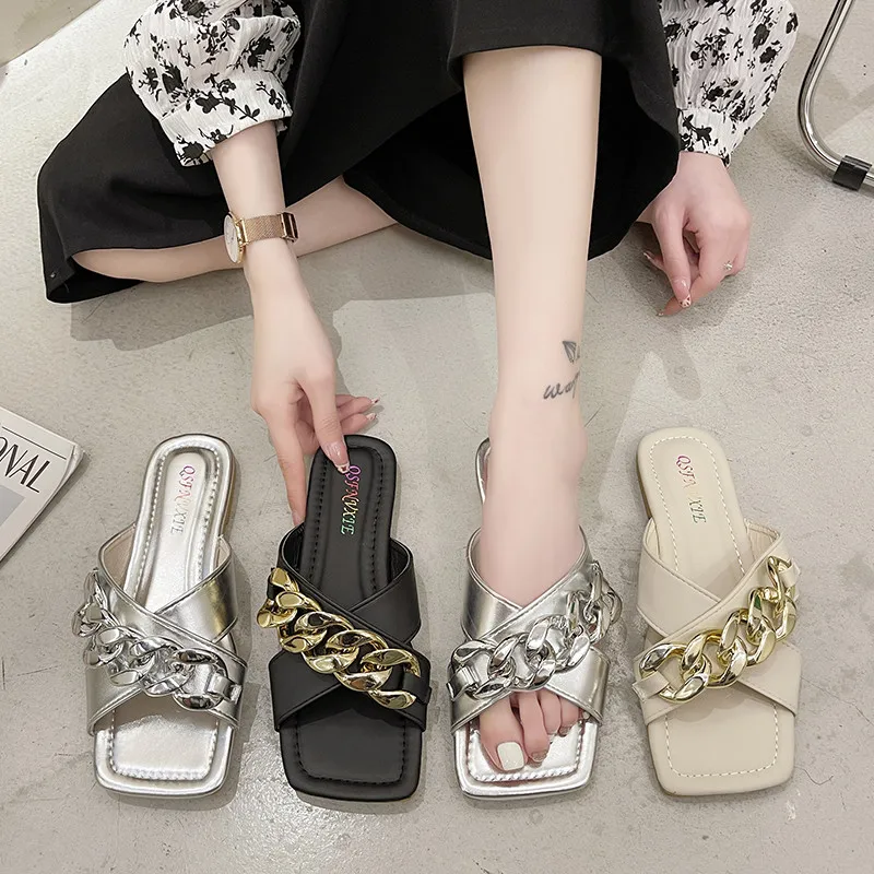 

Shoes Woman 2021 Slippers Soft Pantofle Square Toe Shale Female Beach Luxury Slides Comfort New Sabot Flat Designer Fashion Rome