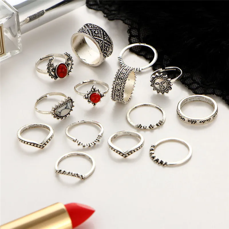 

Fashion 14 Pcs/set Simple Silver Carved Red Turquoise Rings Set for Women Jewelry Korean Version Joint