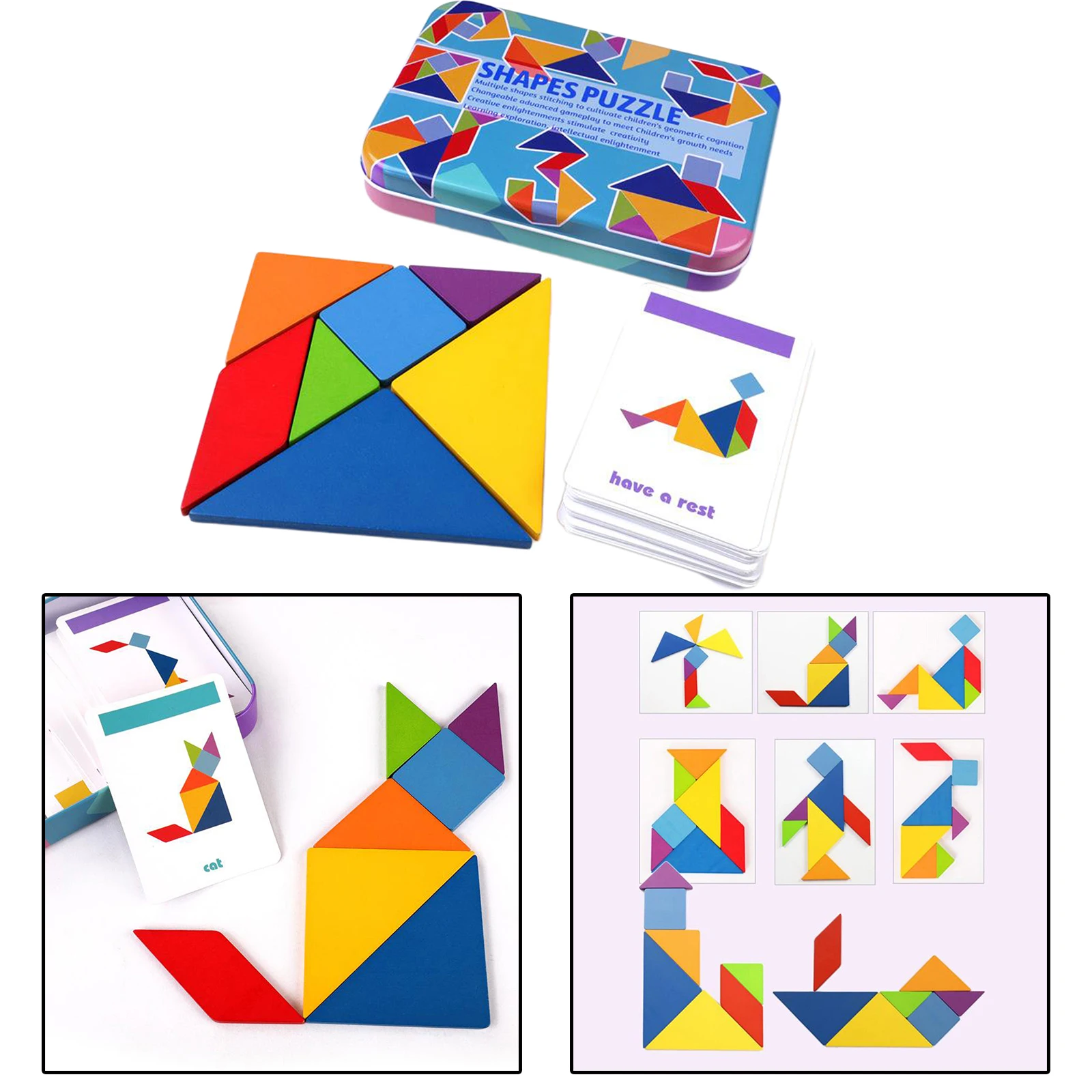 

Travel Tangram Puzzle Pattern Block Toy Gift Portable Size in Iron Box