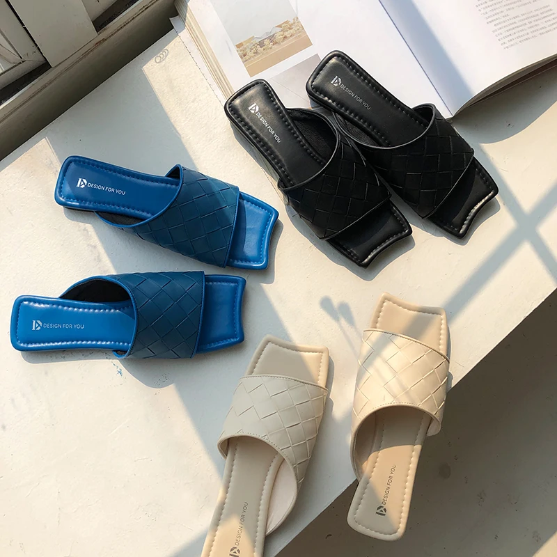 

Square Toe Women Slippers Open Toe Solid Color Ladies Summer Flat Heeled Beach Shoes Casual Slides Flip Flops Pumps Fashion Flat