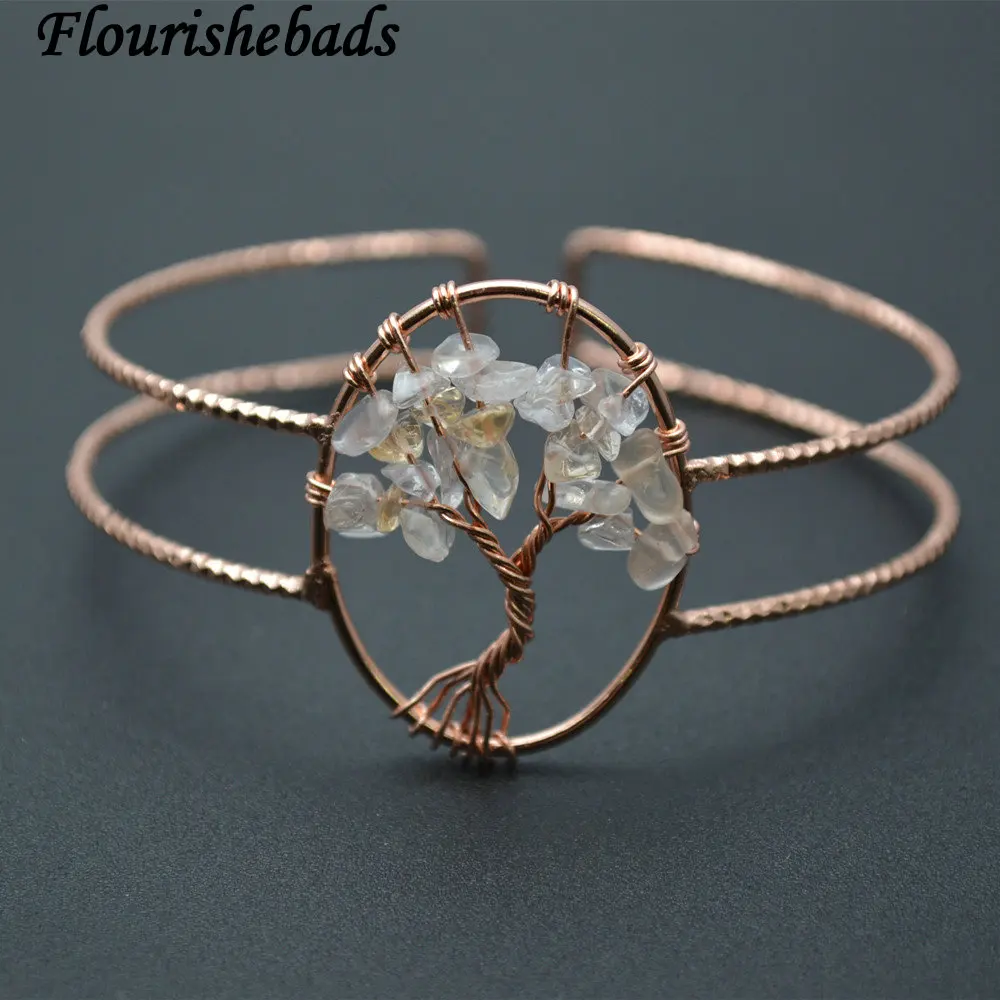Citrine Натуральный Лабрадорит Драгоценный камень фишки проволока обернутая ЖИЗНЬ Дерево Шарм манжета браслет Модные женские ювелирные изделия - Цвет камня: Citrine