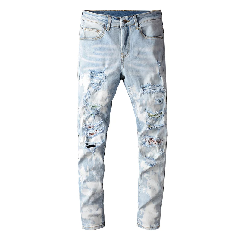

2021 Новинка уличной моды ретро светильник синий Slim Fit рваные джинсы, Мужские джинсы в стиле «панк» и штаны в стиле пэчворк Дизайнерская обувь ...