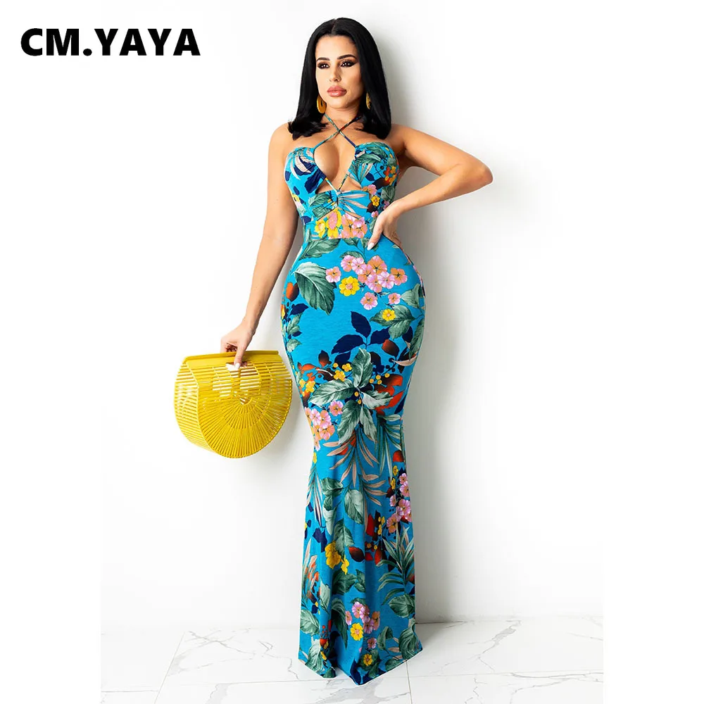 Женское длинное платье с лямкой на шее CM.YAYA эластичное облегающее платье-макси
