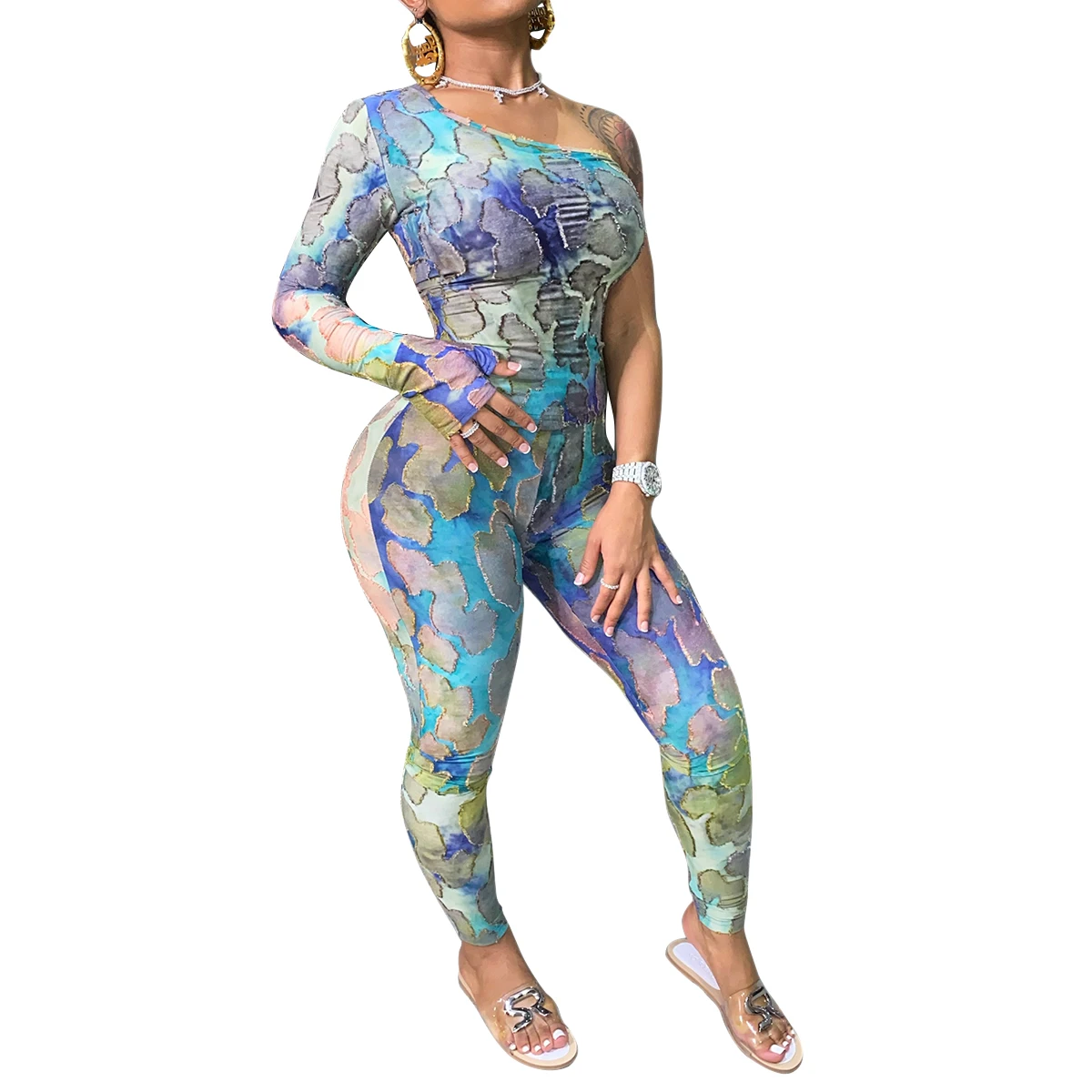 Women's Printed Casual Jumpsuit Set Water Color Blouse Splash Pigment Leggings Off-Shoulder Skinny Sexy Playsuit Women Rompers | Женская