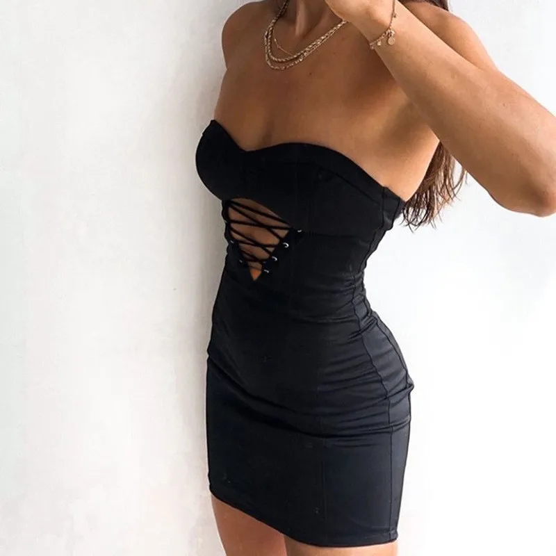 

Sexy Strapless Sleeveless Backless Night Party Dress Women Fashion Hollow Out Bodycon Wrap Hip Short Dresses Female Vestido Robe