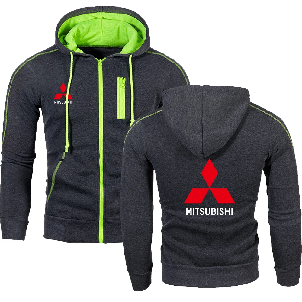 

Men's Spring and Autumn Mitsubishi Printed Car Logo Pocket Zipper Hooded Sweater Cardigan Jacket Casual Jacket Men J15