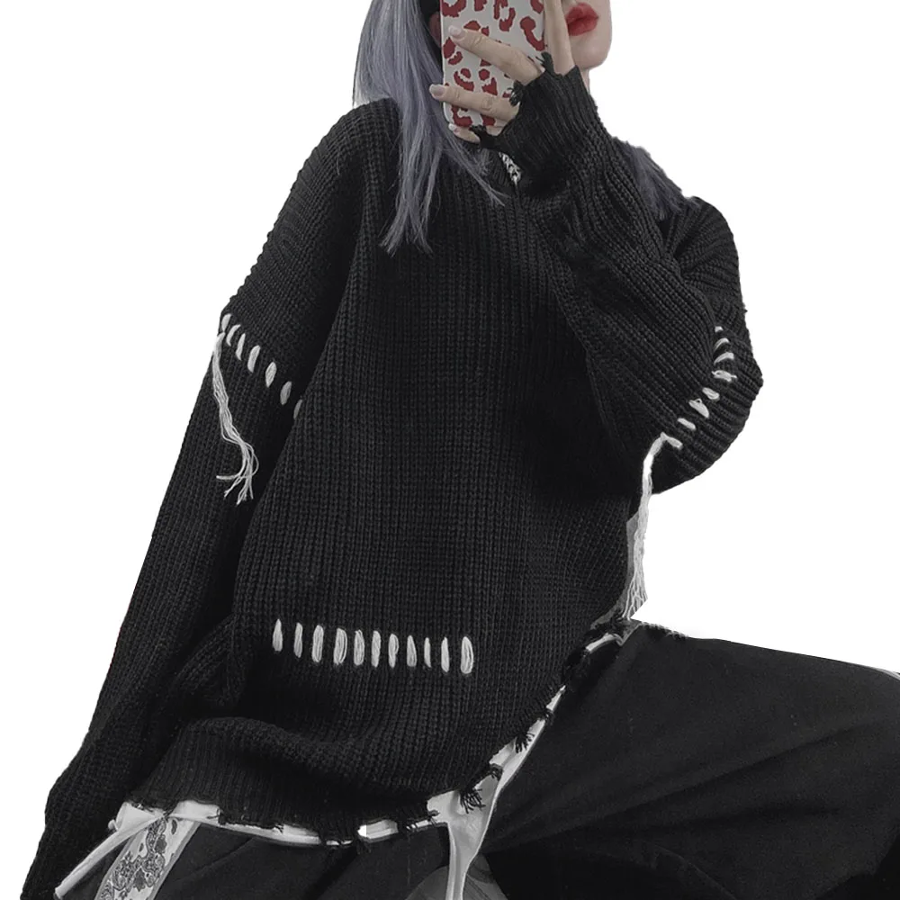 

Gothic Diablo Sweater Fashion Autumn Winter Loose Lazy Hole Round Neck Long Sleeve Knitting Wool Sweater