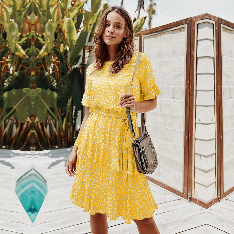 

Summer Ladies Elegant Butterfly Sleeve Print Dress Women 2021 New Cascading Ruffle O-neck Knee-length Dress