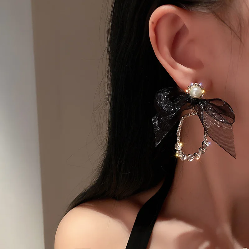 Элегантные длинные серьги Новинка корейский стиль бант стразы жемчужный кулон