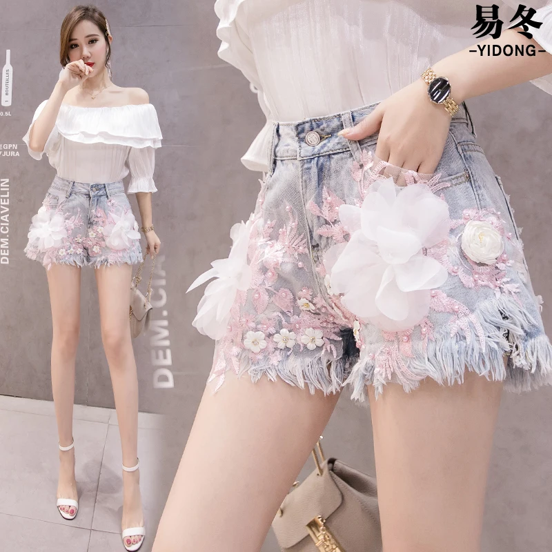 

Flower Denim Shorts Female Summer New Products Beads Flash Hot Pants Fashion Jean Shorts Girls Ladies Floral Short 2XL