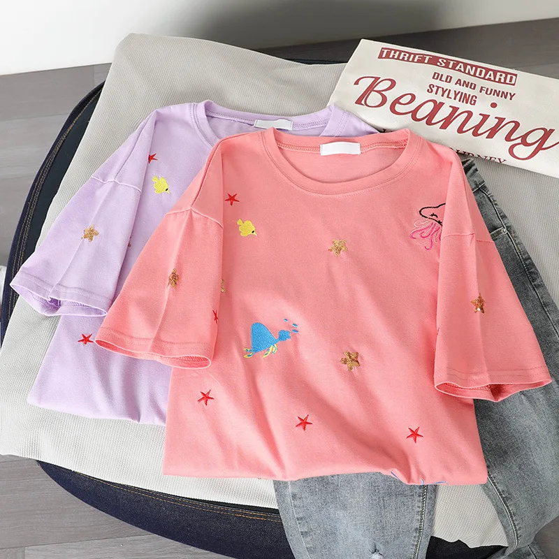 

Embroidery Cotton T-shirt Short Sleeve Female 2020 Summer Loose Top L0597