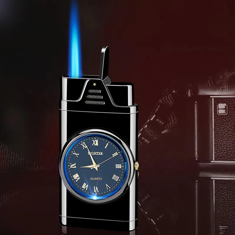 

Watch Windproof Blue Flame Lighter Creative Inflatable Metal Butane Gas Lighter Cigar Smoking Accessories Gadgets For Men