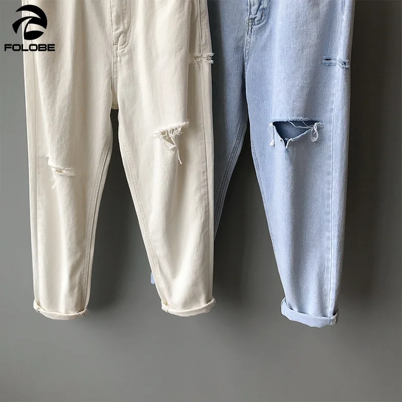 

FOLOBE Autumn White Women Jeans Vintage Straight Knee Hole Ripped Denim Trousers Loose Style Pants High Waist Bottom