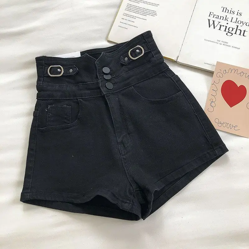 

Ins design sense three button high waist denim shorts female 2021 summer new Korean slim A-line wide leg pants