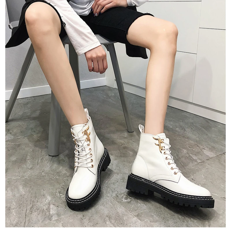 

Genuine Leather Shoes Women Thick Sole White Anklet Boots Comfortable Platform Snow Boots for Women Female Botas De Mujer ME5