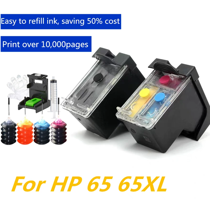 65 многоразового картриджа+ 4 бутылки чернил совместимый для hp Deskjet 3720 3722 3723 3732 3752 3755 3730 3758 принтеров - Цвет: As shown