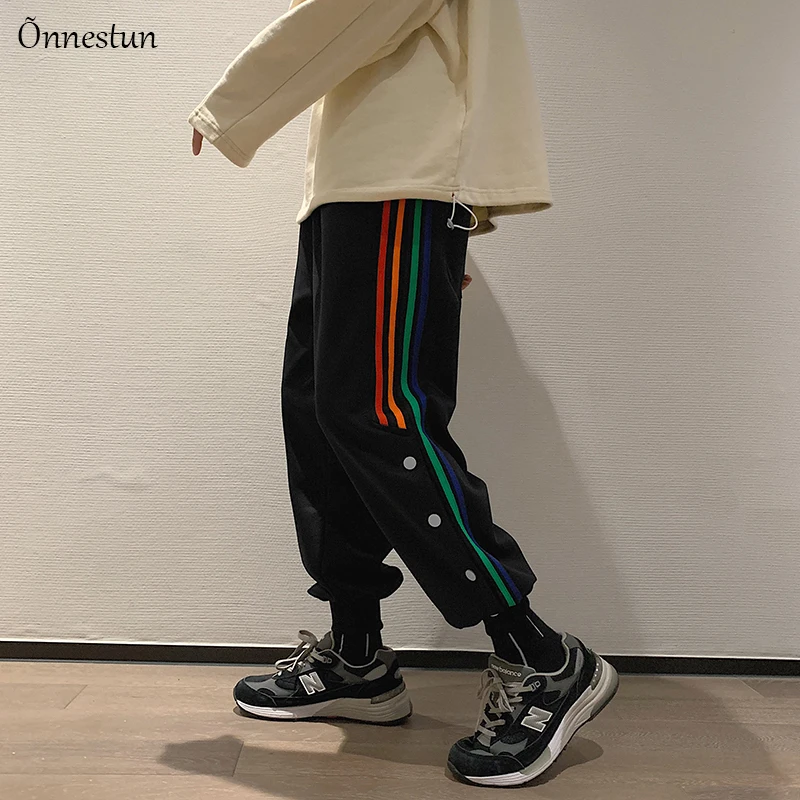 

Onnestun Men's Pants 2021 New Sport Pants Hip Hop Color stripes Jogger Man Causal Trousers Men Harem pants Streetwear