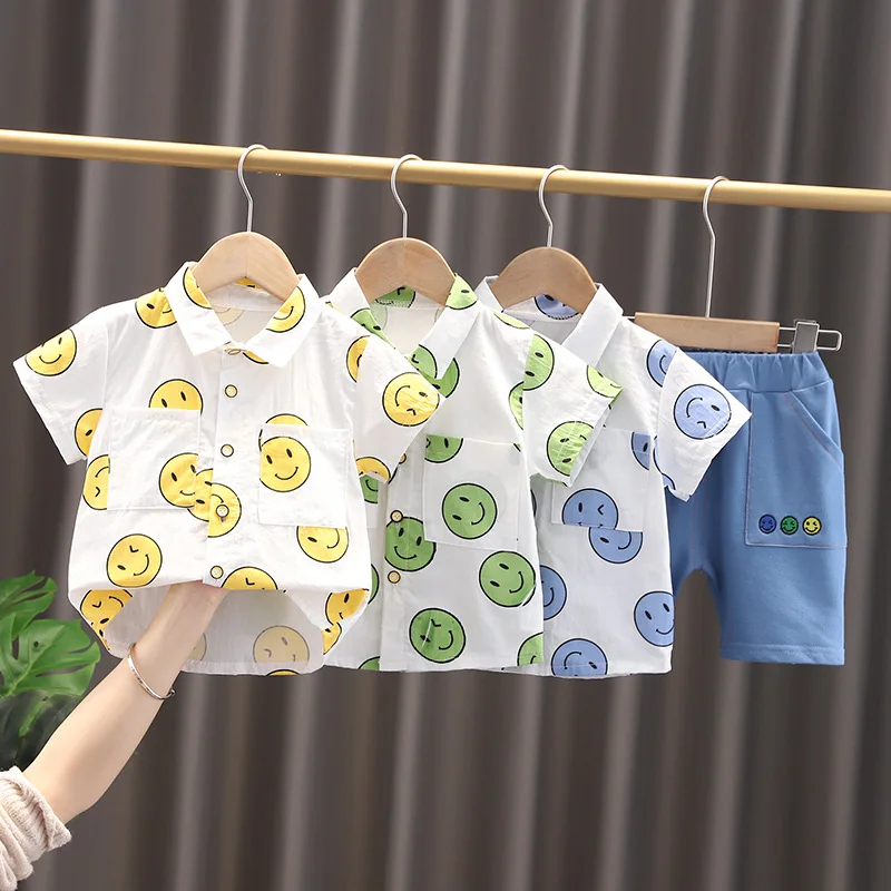

Kids Baby Boys Handsome Clothes Sets New Summer Smiling Face Print 2Pcs Suits Short Sleeve Shirt+Shorts Toddler Girls Clothing