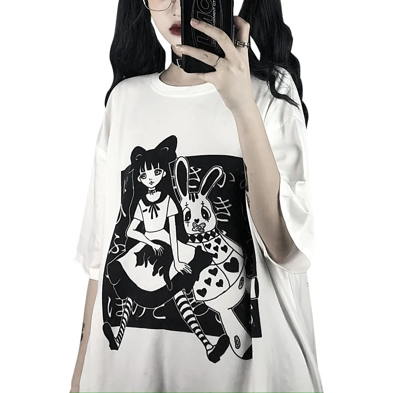 

Japanese Retro Cartoon Net Red Short-sleeved T-shirt Female 2021 Summer New Gothic Loose Top Sleeve Oversized T-shirt Half S-XXL