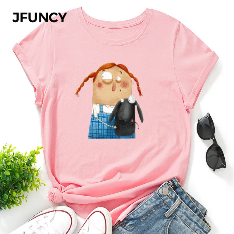 JFUNCY Women's Tee Shirt  Short Sleeve Cotton T-shirt New Cartoon Print Woman Tshirt Summer Women Tops Female Clothes