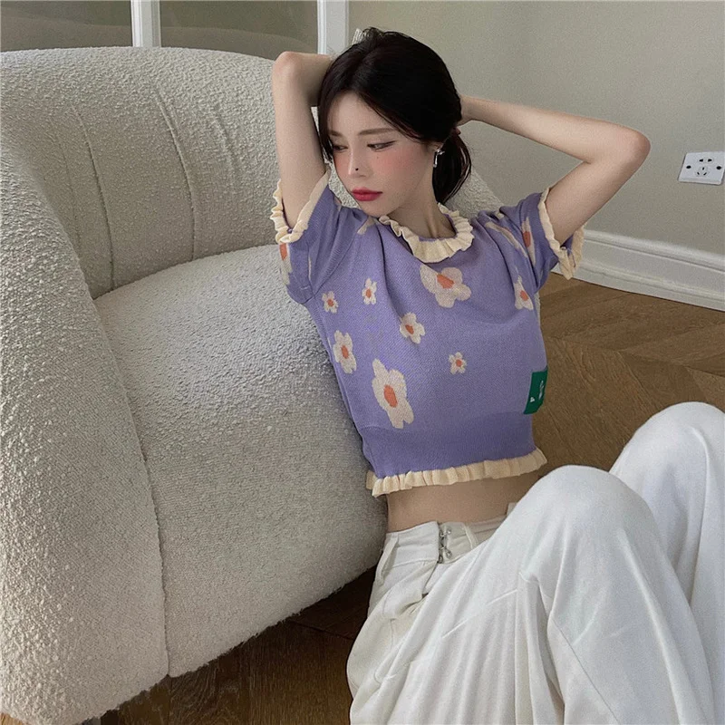 

Kimotimo Purple Print Knit Sweater Women 2021 Summer Fungus O-neck Design Pullover Korean Ins Short Sleeve Sweet Crop Sweaters
