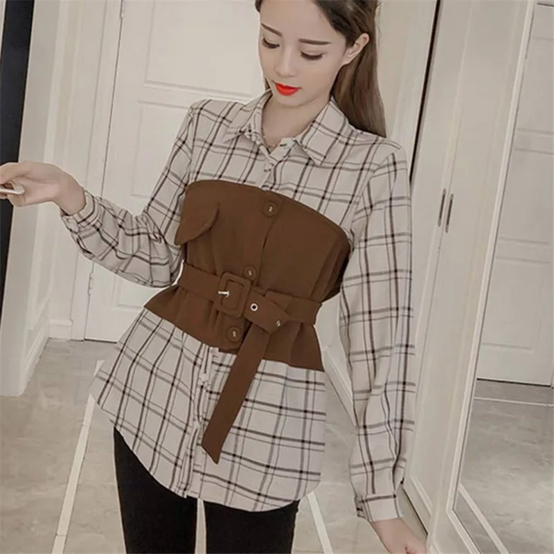 coffee shirt Neploe, одноцветная женская рубашка с v-образным вырезом и поясом, с расклешенными рукавами, винтажный грациозный женский топ, осенняя Новинка, элегантная Офисная Женская блузка 68805 - Цвет: coffee shirt
