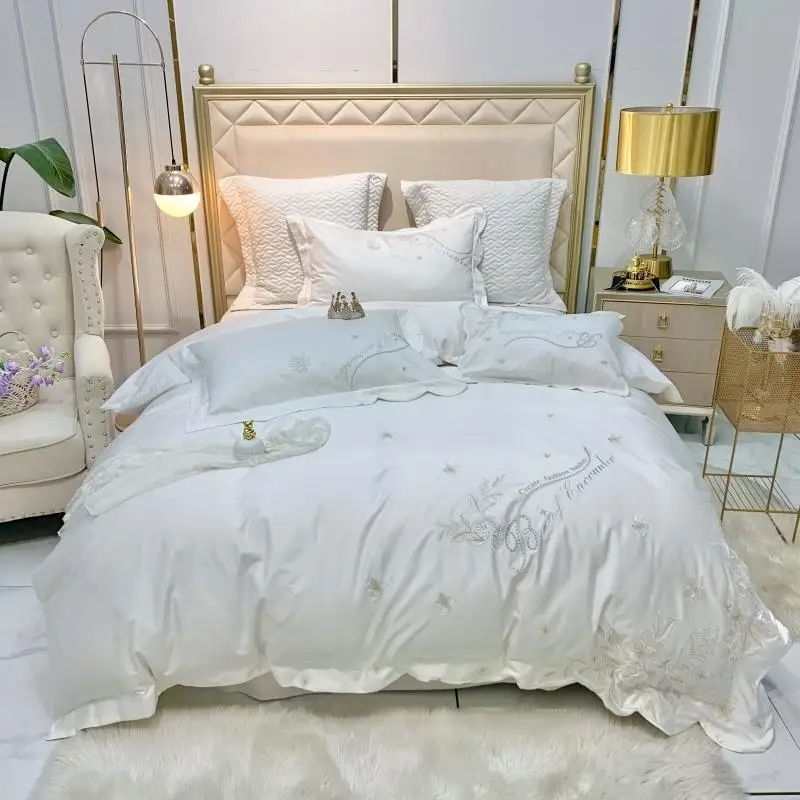

Princess Luxury Embroidered Bedding Set 600TC Egyptian Cotton Silky Queen King Size White 3D Florets Sheet Set 4Pcs for Home