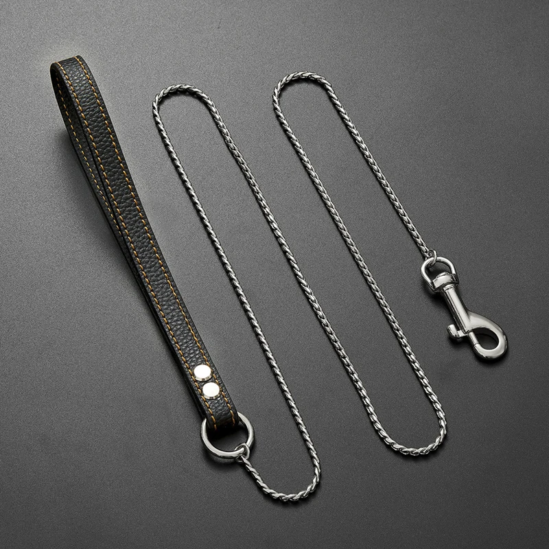 

4mm Thick Golden Stainless Steel Chain Traction Rope Pet Training Chain Welded Chain PU Leather Bracelet