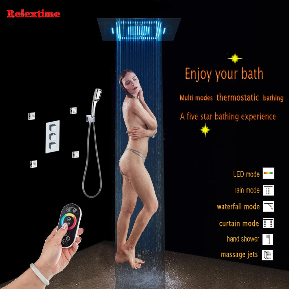 

Concealed Thermostatic Shower Set Bath System Faucet Mixer Tap Nozzle Light LED Ceiling Shower Head Rain Waterfall massage Jets