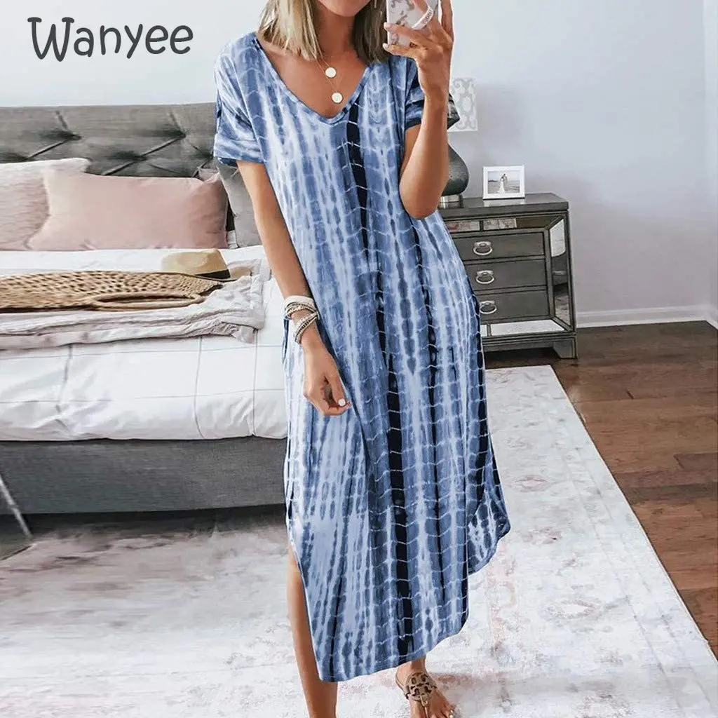 

Женское длинное платье с принтом, повседневное праздничное платье с коротким рукавом, разрезом и V-образным вырезом, асимметричное, лето 2021