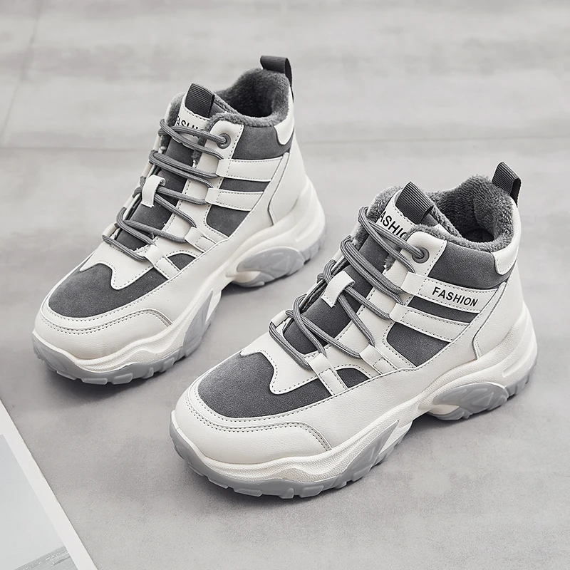 

Ladies Sneakers 2022 High-top High-quality Fashion Casual Leather Vulcanized Shoes Thick-soled All-match Plus Velvet Old Shoes