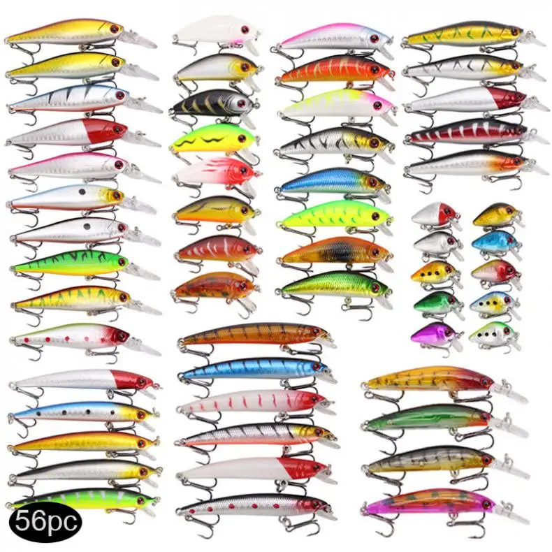 

56pcs 8 Sizes Fishing Lures Crankbaits Hook Minnow Bait Tackle Crank Fishing Kit
