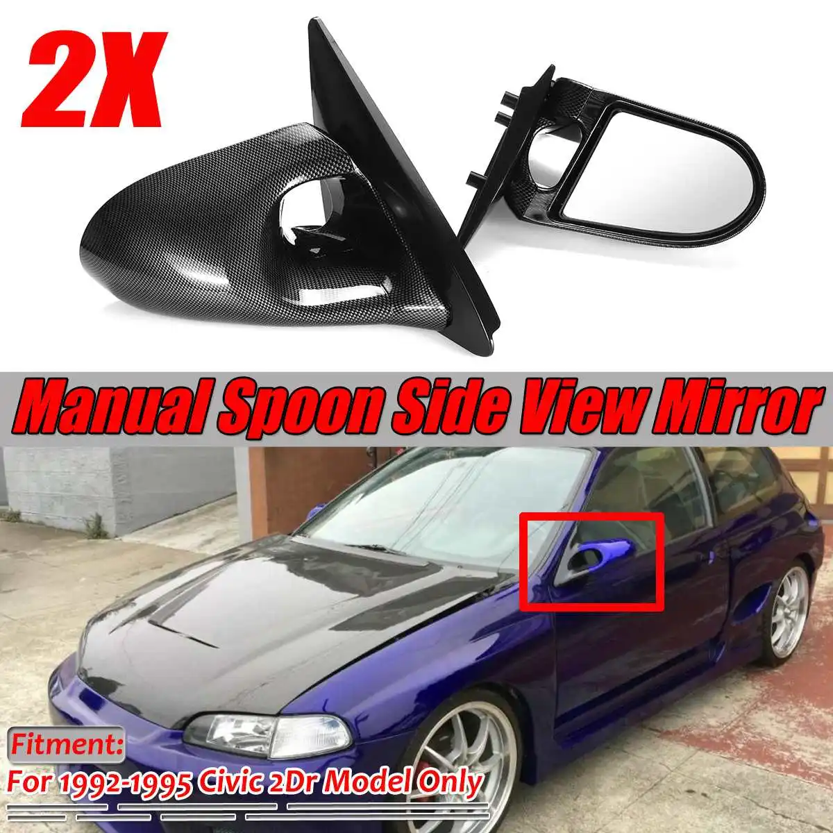 A Pair Manual Adjustment Car Door Wing Rear View Wing Side Mirror For Honda For Civic EG 2Dr 1992-1995 Carbon Fiber Look/Black