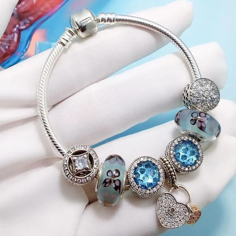 

100% 925 Sterling Silver Butterfly Glass Beads And Heart-shaped Shiny Pendant Bracelet For Christmas gift Wedding Party Jewelry